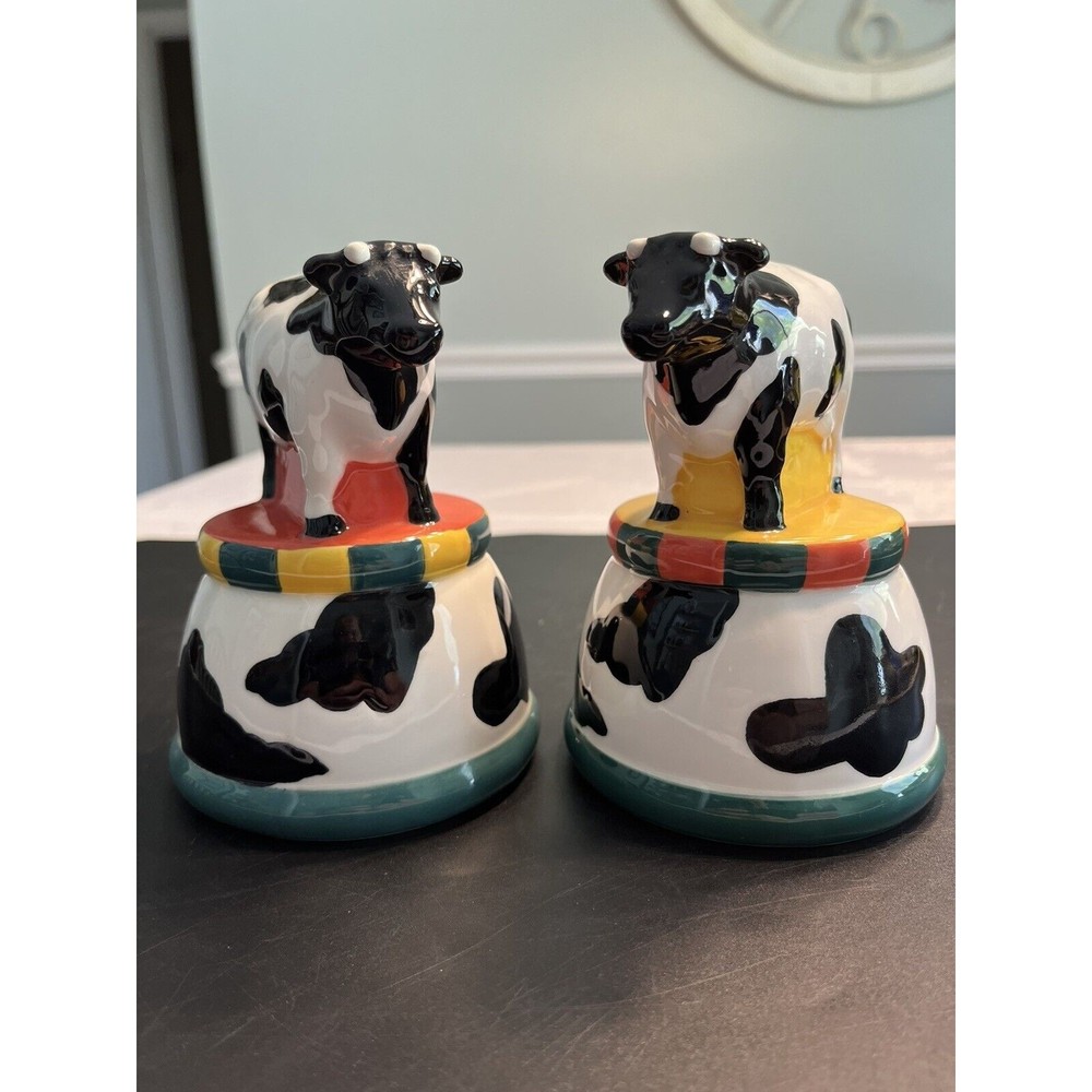 Vintage 1993 Clay Art Hand Painted Cow Colorful Large Salt & Pepper Shakers
